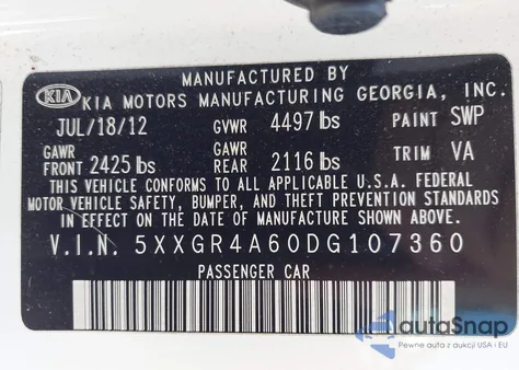 2013 Kia Optima Sx from USA, damaged, VIN 5XXGR4A60DG107360